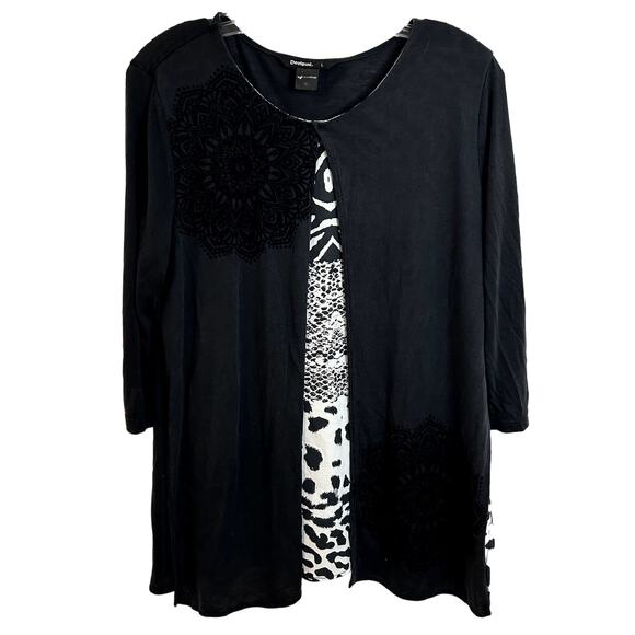 Desigual Womens Layered Top Size Large Black Velour Impressionist - Picture 1 of 5